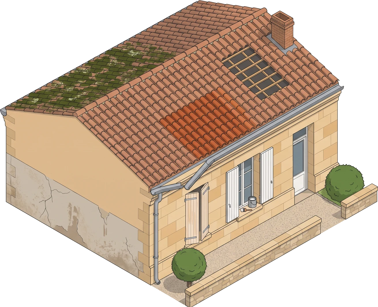 Maison en pierre de la métropole bordelaise en vue isométrique : versant gauche envahi de mousses, zone de tuiles déposées laissant voir les liteaux, partie de couverture traitée à l'hydrofuge, gouttière et descente en zinc, pignon à moitié ravalé et volets en cours de peinture.