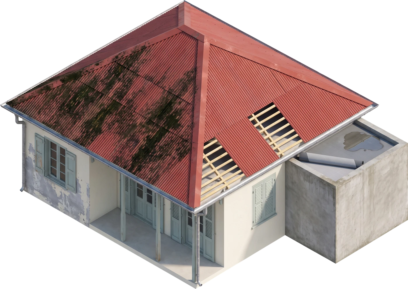 Maison créole de Martinique en vue isométrique : toit en tôle ondulée rouge taché d'algues sur un versant, tôles déposées laissant voir les liteaux, toiture-terrasse en béton avec étanchéité en cours de pose, chéneaux zingués et façade à la peinture écaillée.