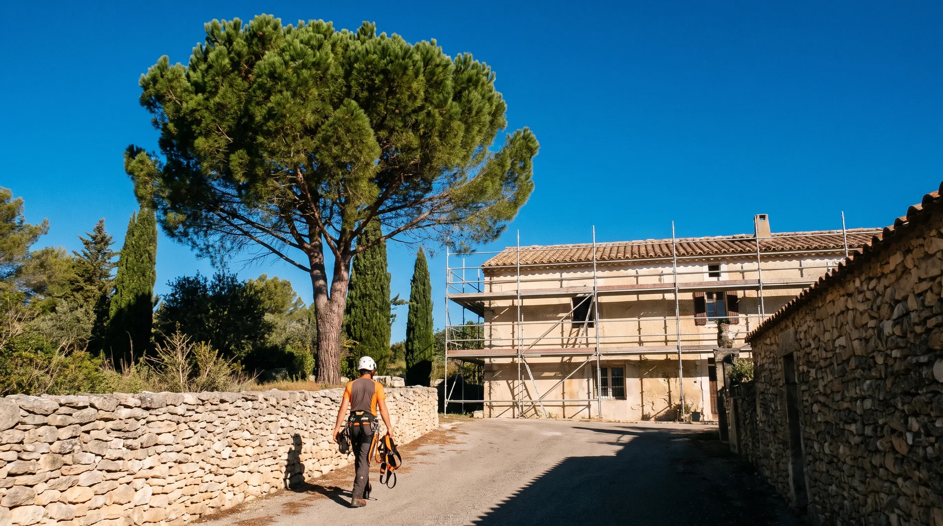 Dylan Gargowitch rejoint un chantier à Bagnols-sur-Cèze, entre le pin à élaguer et la façade en ravalement