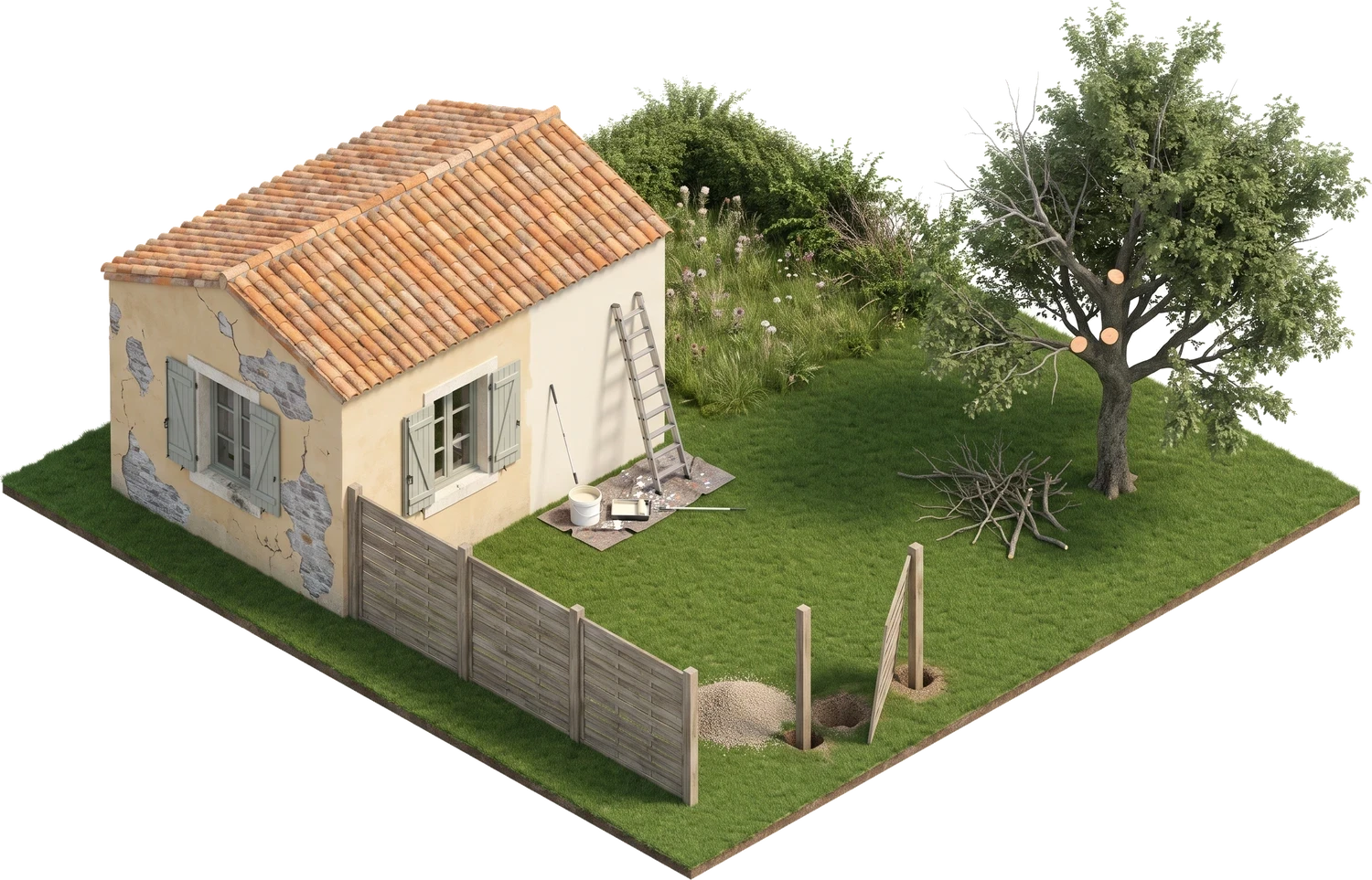 Parcelle de jardin en vue isométrique avec un mas provençal : arbre aux branches mortes et coupes fraîches, clôture en cours de pose, façade au crépi écaillé, mur repeint avec échelle et outils de peintre, coin de terrain en friche.