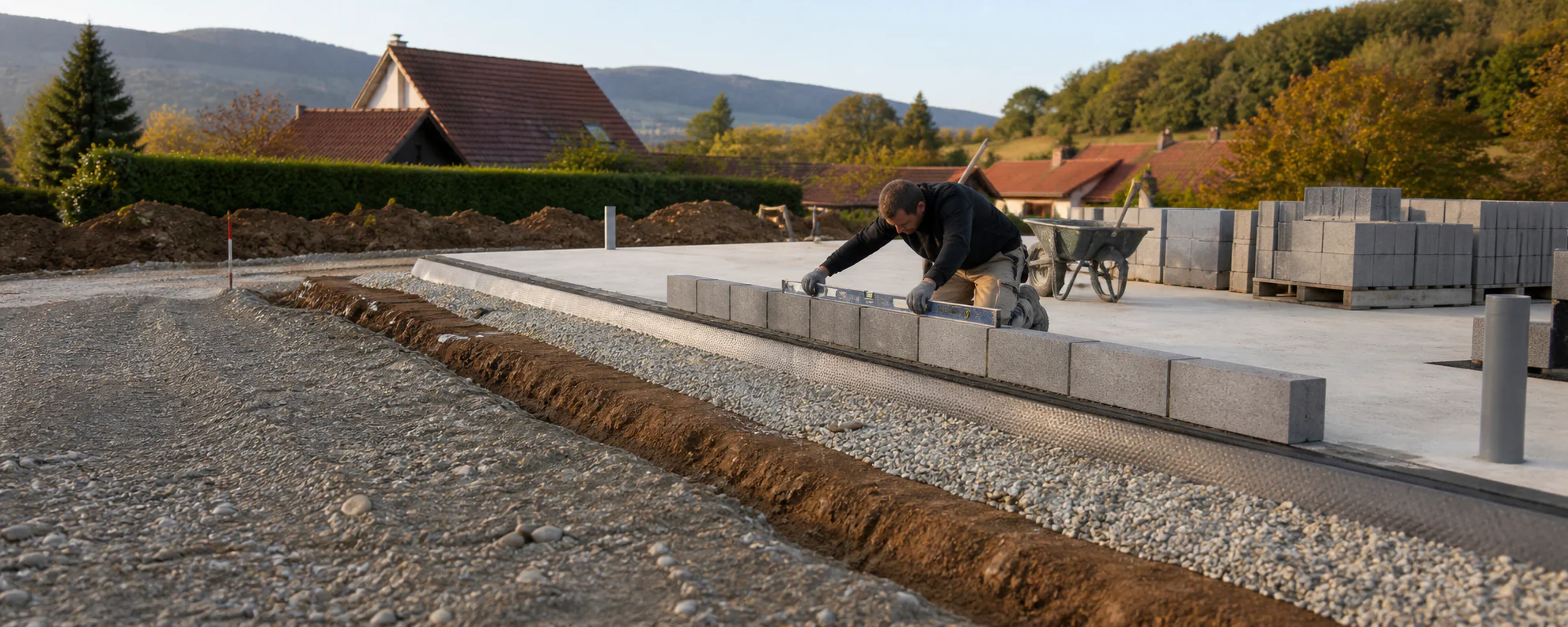 Premiers rangs de maçonnerie sur une plateforme préparée par Maçon & Terrassier d'Alsace