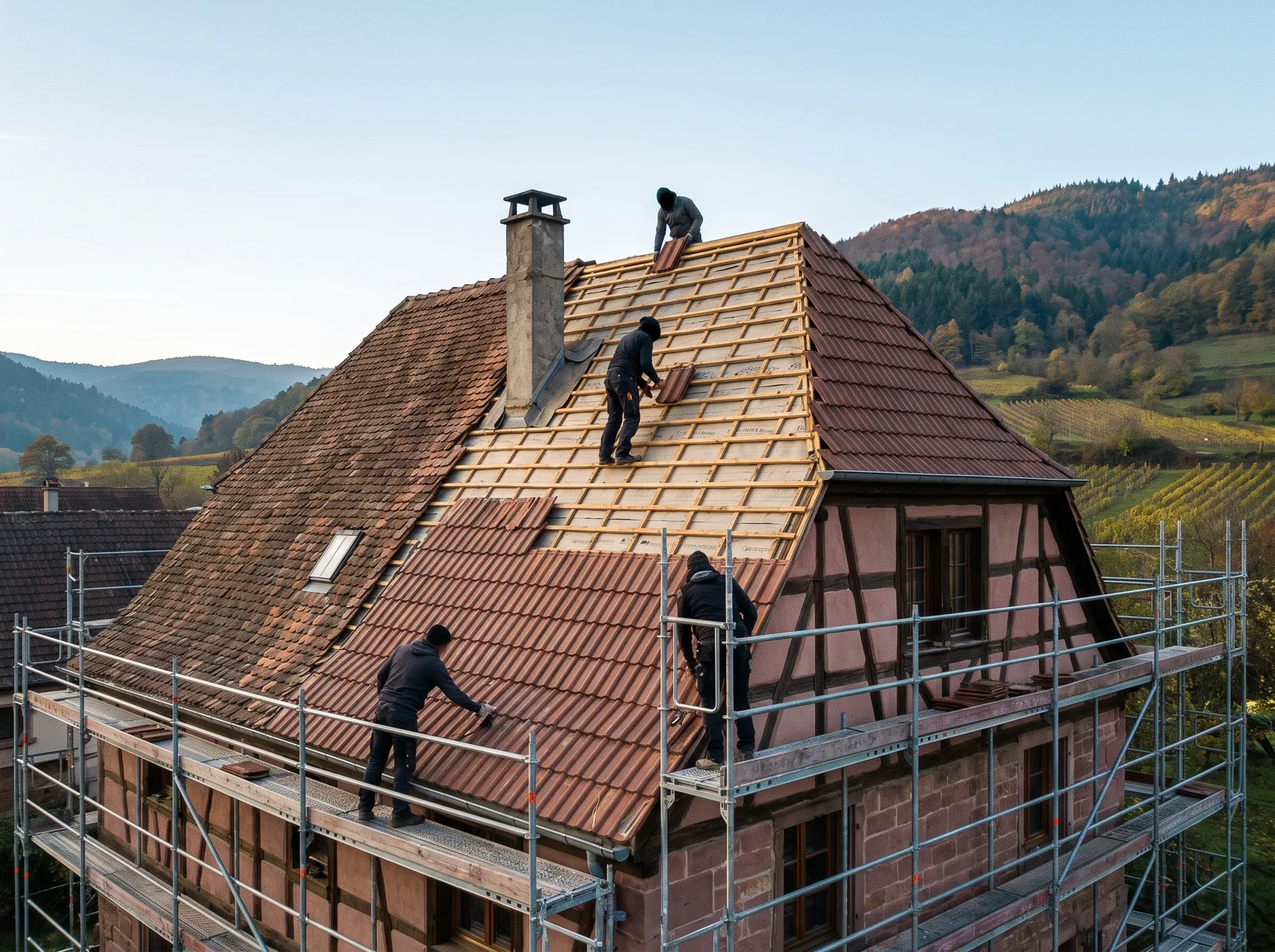 Réfection de couverture sur une maison à pans de bois du piémont vosgien