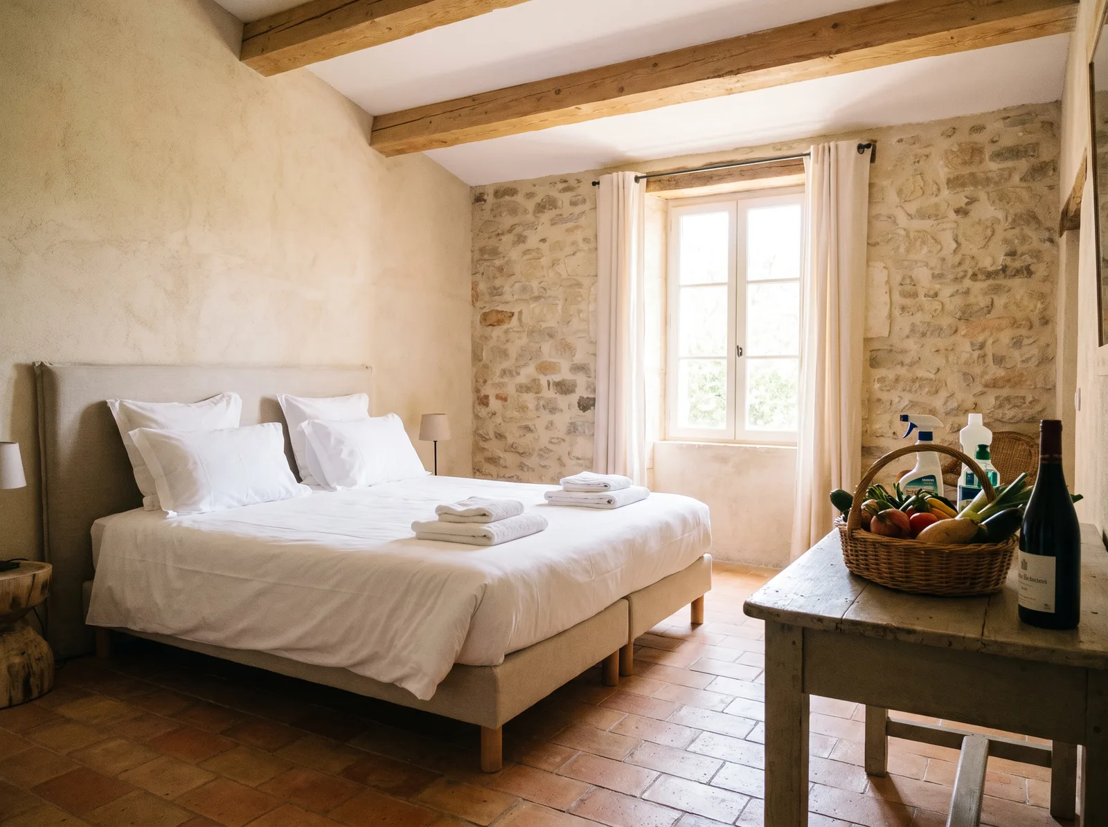 Chambre d'une location saisonnière préparée pour l'arrivée des voyageurs