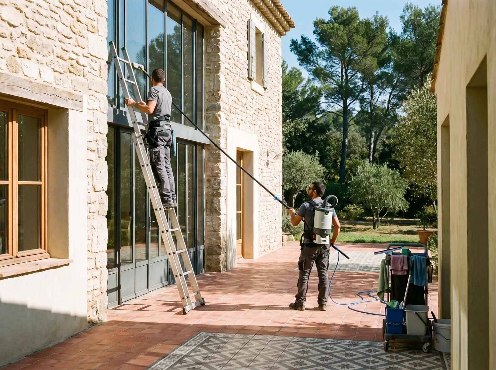 Lavage des baies vitrées d'un mas à la perche télescopique