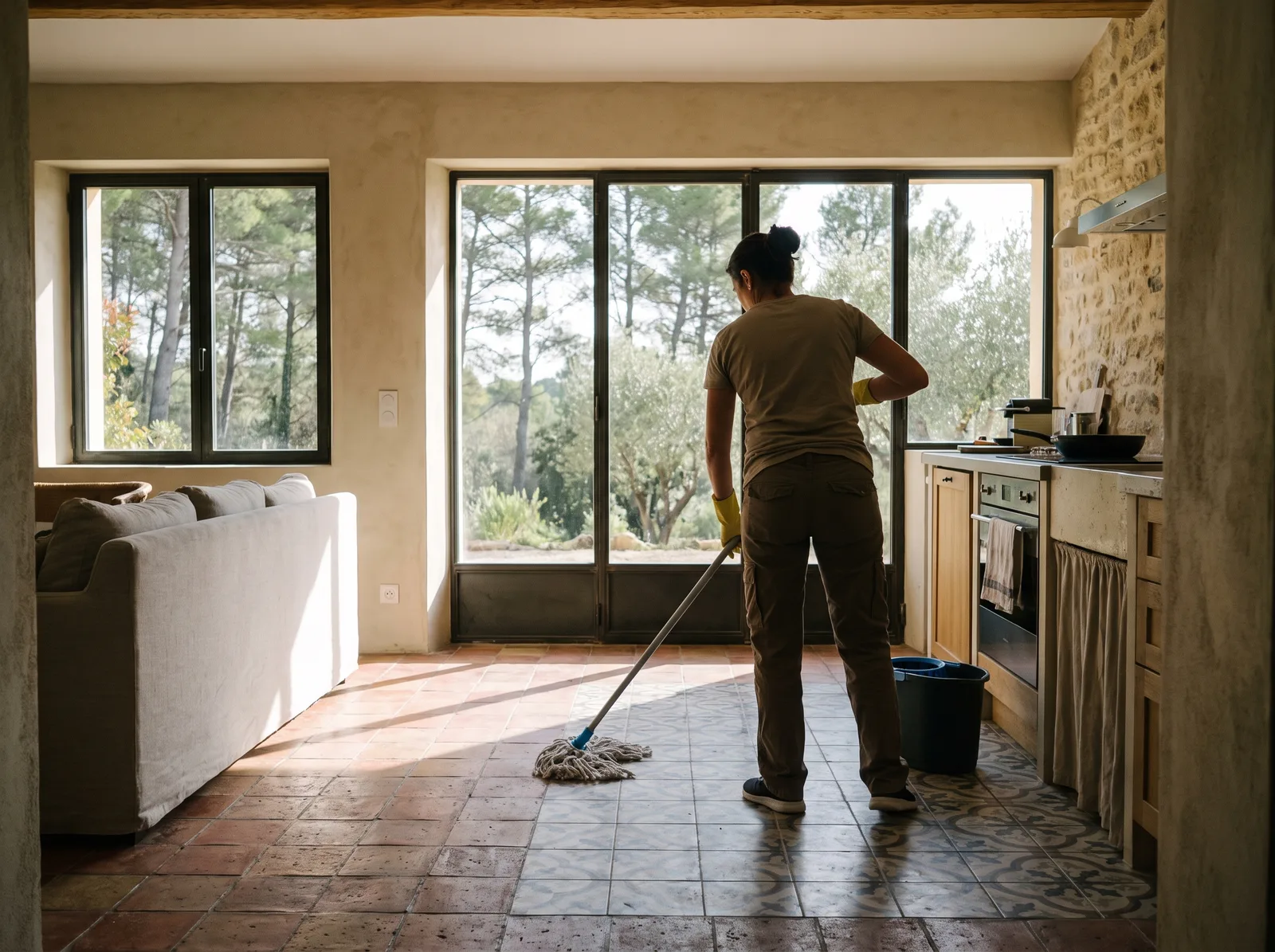 Lavage des sols dans une maison provençale à Le Puy-Sainte-Réparade