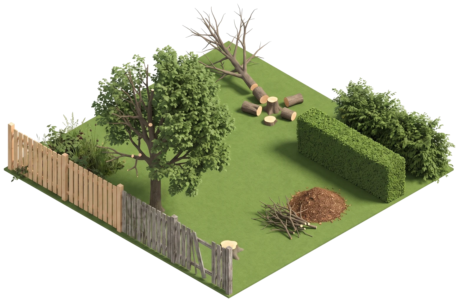 Parcelle de jardin en vue isométrique : arbre à moitié élagué, arbre abattu débité en billons, souche, haie taillée au carré et haie libre, coin de ronces, tas de branches et de broyat, clôture bois en partie neuve.